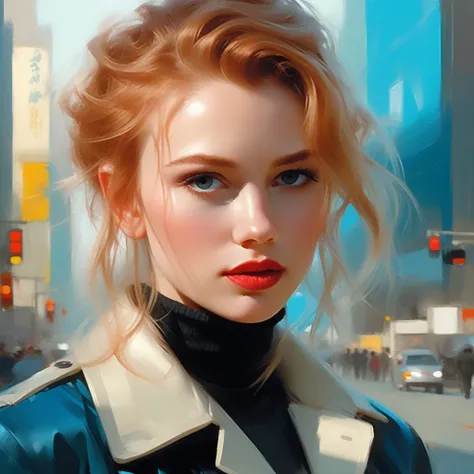 portrait photograph of a srstjms ,  as a movie star, ginger, very detailed cyan eyes, red lipstick, turtleneck sweater, buttoned up jacket, (trousers), modelshoot style, (extremely detailed CG unity 8k wallpaper), photo of the most beautiful artwork in the...