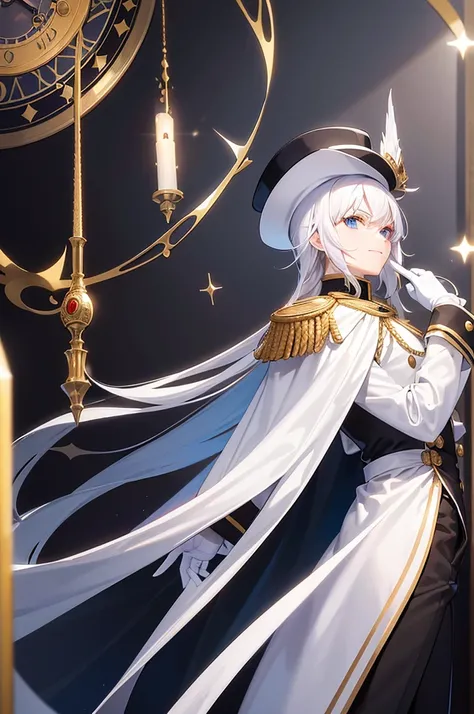 (masterpiece, 2K, best quality), 1boy, male focus, red eyes, heterochromia, blue eyes, hair over one eye, solo, glowing eyes, holding sword, rapier, white hair, straight hair, middle hair, white uniform, epaulettes, ruffles, white gloves, navy hat, white h...