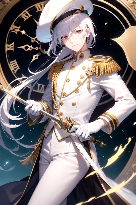 (masterpiece, 2K, best quality), 1boy, male focus, red eyes, heterochromia, blue eyes, hair over one eye, solo, glowing eyes, holding sword, rapier, white hair, straight hair, middle hair, white uniform, epaulettes, ruffles, white gloves, navy hat, white h...