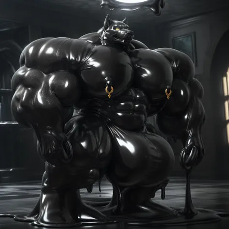 solo, male, , , , hyper pecs, thick thighs, standing, indoor,，(，,(,solo,very hyper muscles:1.6)(Huge bulge:2）(corruption)), black glowing liquid，（((liquid_latex, , rubber:1.2)，,black latex，goo transformation，(gooey，Wolf picture quality details：unreal engin...