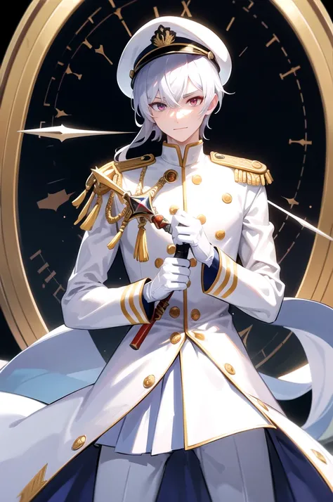 (masterpiece, 2K, best quality), 1boy, male focus, red eyes, heterochromia, blue eyes, hair over one eye, solo, glowing eyes, holding sword, rapier, white hair, straight hair, middle hair, white uniform, epaulettes, ruffles, white gloves, navy hat, white h...