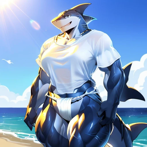 hi res,(((shark, finless shark))), (((not furry))), anthro, (((hair(head)))), aqua blue eyes, loincloth, ((((((( fundoshi, ))))))), (((( female, muscular, muscular anthro, muscular female, slim, Skinny)))), female, muscular, muscular anthro, muscular femal...