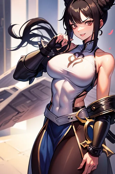 mulher jovem,short black hair , badass , full ancient armor,coxas torneadas,Evil Smile,juri han,chifres de cabelo,detalhes do corpo,arredor escuro,low yellow lighting,raios amarelos
