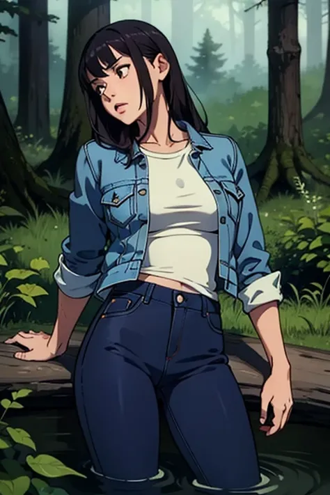 masterpiece, realistic, regular woman in jeans and t-shirt and worn out denim jacket, drowning in forest bog, 