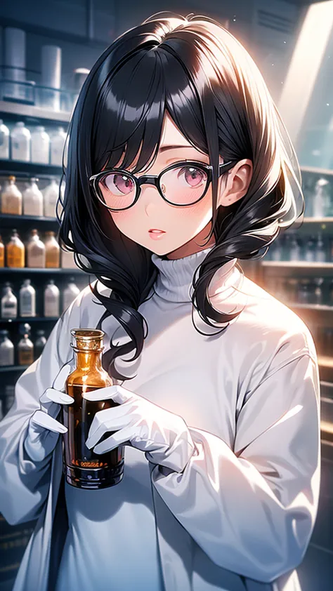 intelligent woman、black hair、white skin、pink lips、wear a white coat over a black turtleneck sweater、round rimmed glasses、white r...