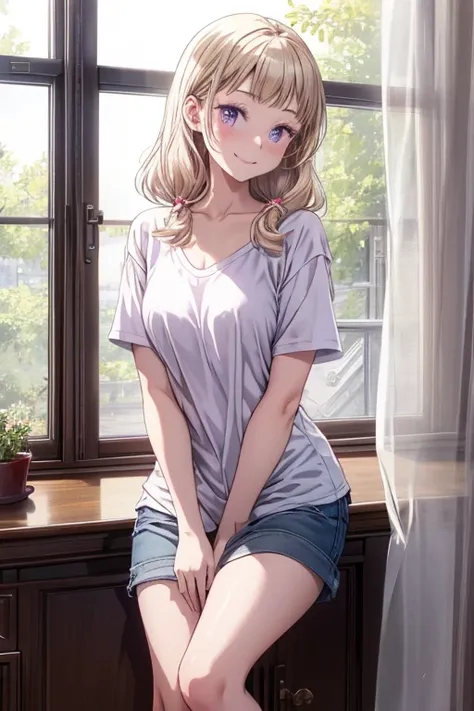 (higher resolution, distinct_image) The best quality, a woman, masterpiece, highly detailed, semi realistic, 21 years old, beautiful, young, handsome, t-shirt, lilac shirt pulled, collar on neck, interior, modern room, window, wake up, morning, blush, smil...