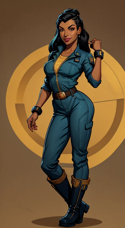 solo, black hair, 1girl, vault dweller, boots, belt, full body, smile, blue vault-tec jumpsuit, gold trim, dark skin, long hair, standing, dark-skinned female, vault-tec background, Rosie the Riveter pose