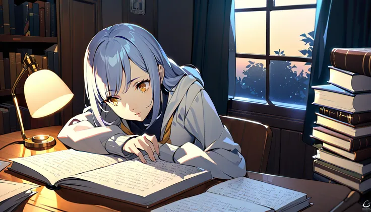 Masterpiece, Best quality, 1girl, Cozy corner, Jumble of books, Profound study, Desk lamp, Yellow glow, Peaceful ambiance, Quiet night, Window, Tranquil countenance, Intensity of concentration, Composed posture, Inquisitive eyes, Subtle tilt, Nimble finger...