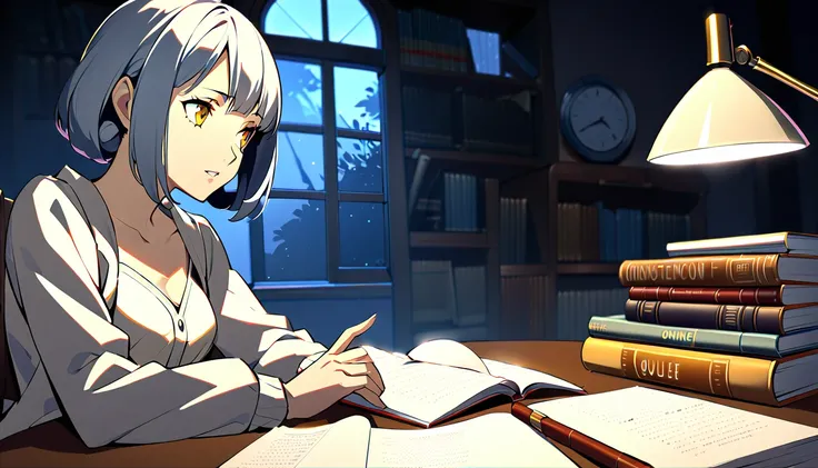 Masterpiece, Best quality, 1girl, Cozy corner, Jumble of books, Profound study, Desk lamp, Yellow glow, Peaceful ambiance, Quiet night, Window, Tranquil countenance, Intensity of concentration, Composed posture, Inquisitive eyes, Subtle tilt, Nimble finger...