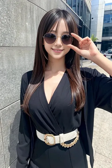 anime girl risque outfit yet cover skin, posing for photoshoot, masterpiece, best quality, high quality, wearing sunglasses near nose, one eye open, smiling