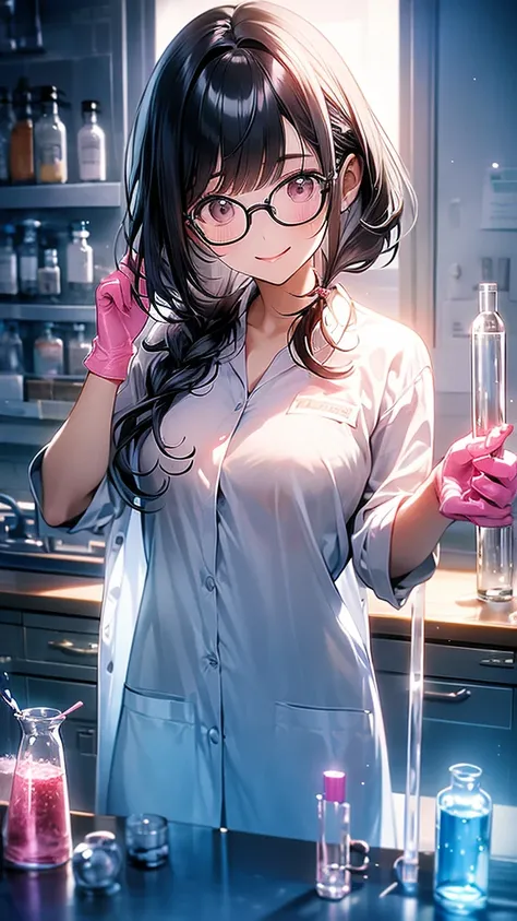 Intelligent woman、Black Hair、White skin、Pink lips、Wearing a researchers lab coat、round rim glasses、White rubber gloves、Institute of Chemistry、Test tube、beaker、microscope、flask、Glancing sideways at the viewer、smile