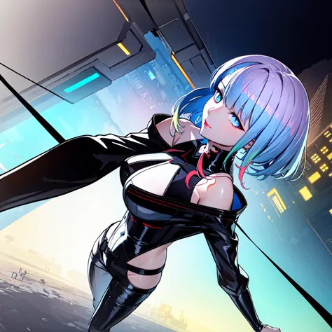 masterpiece, best quality, lucy (cyberpunk), bob cut, short hair, asymmetrical hair, multicolored hair, 1girl, solo, pale skin, red lips, detached sleeves, beautiful eyes, outdoors, looking at viewer, beautiful and aesthetic, official art, professional ill...