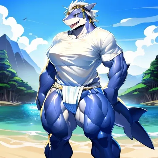 hi res,(((shark, finless shark))), (((not furry))), anthro, ((((((hair(head))))))), aqua blue eyes, ((((((( rokushaku fundoshi, ))))))), (((( female, muscular, muscular anthro, muscular female, slim, Skinny)))), female, muscular, muscular anthro, muscular ...