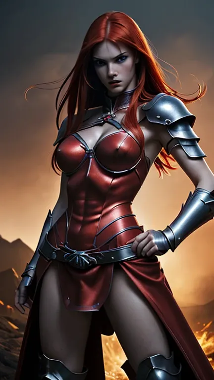 (best quality, realistic: 1.37), professional photography, Erza Scarlet, beautiful detailed eyes, incredibly detailed hair, strong and fierce expression, armor, red hair, fiery personality, detailed costume, warrior, sexy warrior detailed costume, pose gre...