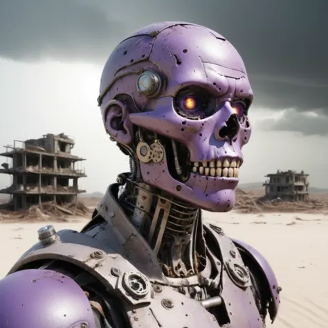 "Create an ultra-realistic half-body portrait of an android with aged and worn parts, styled in a steampunk aesthetic. In the background, depict a world ravaged by a nuclear attack, featuring crumbling buildings, destroyed cars, vast expanses of sand, and ...