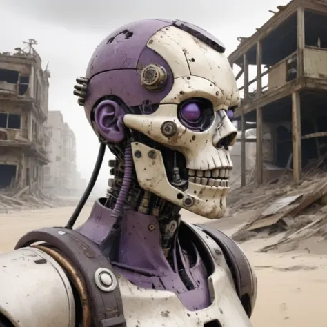 "Create an ultra-realistic half-body portrait of an android with aged and worn parts, styled in a steampunk aesthetic. In the background, depict a world ravaged by a nuclear attack, featuring crumbling buildings, destroyed cars, vast expanses of sand, and ...