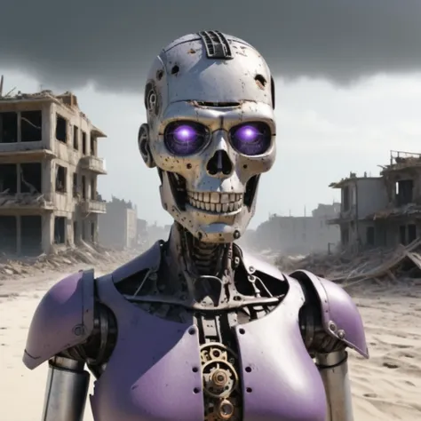 "Create an ultra-realistic half-body portrait of an android with aged and worn parts, styled in a steampunk aesthetic. In the background, depict a world ravaged by a nuclear attack, featuring crumbling buildings, destroyed cars, vast expanses of sand, and ...