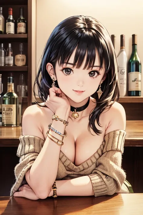 (8k、Photorealistic,Raw photo,highest quality: 1.3),（real skin）,Beautiful expression,High Detail,超A high resolution,,((1girl,chignon hair,black hair,black eyes:1.5,makeup),drink tequila,in modern bar,bar counter,bottles,(offshoulder sweater,beige,long skirt...