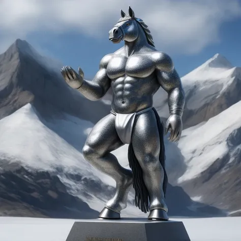  Antro, Statue, Estatua de Plata Metalica [Horse color Silver Metal] , [Fundoshi Bulto Male Big Gold], [Fundoshi Silver Metal], Solo, Plata, [Bulto Male Big], Hooves , (Equine Tail), Detallado 4k, cuerpo completo, Cuerpo silver metal, snowy mountain backgr...