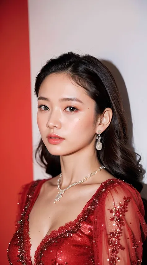 ((highest quality, 8k, Portrait Photography: 1.3)), (Viewer Display), Photorealism,  Sharp focus, alone, Beauty Products,Medium Long Hair,Pearl Necklace、Pearl Earrings、 Accentuate your breasts, Medium Chest,(Crimson Dress)，30 years old、Floral Background