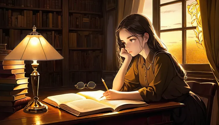 Masterpiece, Best quality, 1girl, Cozy corner, Jumble of books, Profound study, Desk lamp, Yellow glow, Peaceful ambiance, Quiet night, Window, Tranquil countenance, Intensity of concentration, Composed posture, Inquisitive eyes, Subtle tilt, Nimble finger...