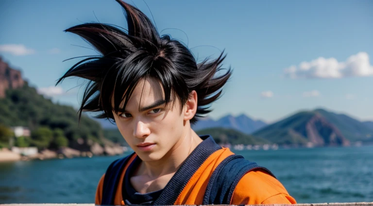 1boy, spiked hair, black hair, black eyes, gi, dougi, outdoor, orange clothes, detailed face, detailed eyes