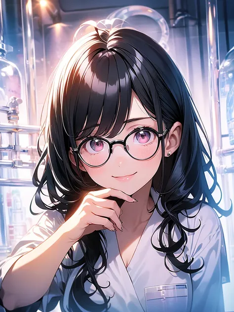 Intelligent woman、Black Hair、White skin、Pink Lips、Wearing a researchers lab coat、Round rimmed glasses、White rubber gloves、Institute of Chemistry、Test tube、beaker、microscope、flask、Glancing sideways at the viewer、smile、Open your lips