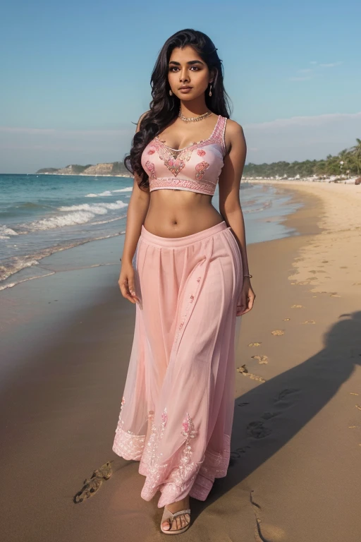 Busty Tamil girl, 20 year old, heavy breasts (ultra detailed:1.6 face, eyes, nose, ears, lips, curves, skin, body parts), (eyes symmetry, face symmetry, round deep navel), both (wearing:1.6 embroidered pink sleevless choli, embroidered pink full length ski...