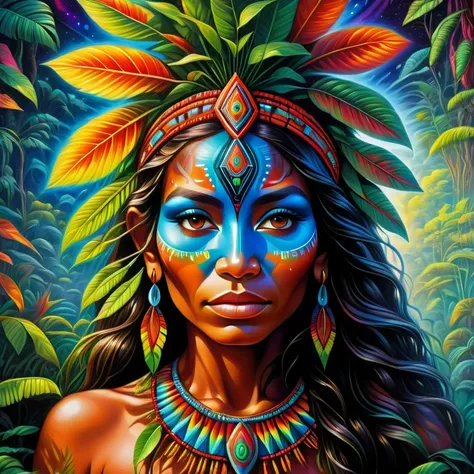 a painting of a shamanic woman, Yanomami Indigenous, indigenous brazilian, arte psytrance, psytrance, Dan Mumford e Alex Grey Estilo, psychedelic dmt, psychedelic organic shaman, while tripping on dmt, epic shamanic dmt art, cores dmt, psychedelic cosmic h...