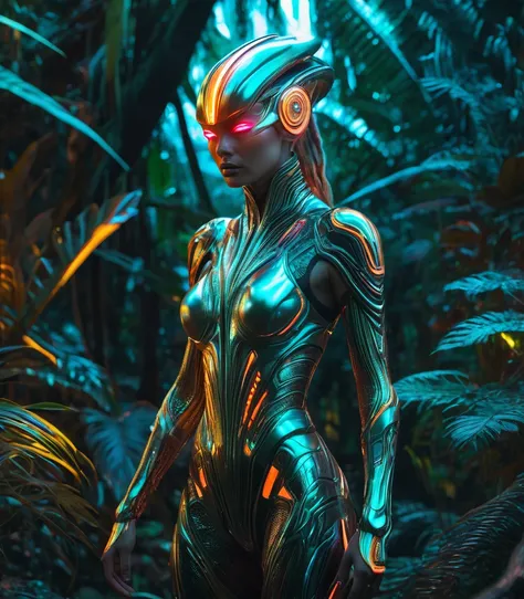 Silent photo titled "Female futuristic alien creature in light neon lava colors in the jungle"  Soft tones,(author：Ivan Albright:1.2), pastel colors, detailed, 8k, Ultra HD, 8k, Unreal Engine 5, Ultra-clear focus, Intricate work of art, inauspicious, Golde...