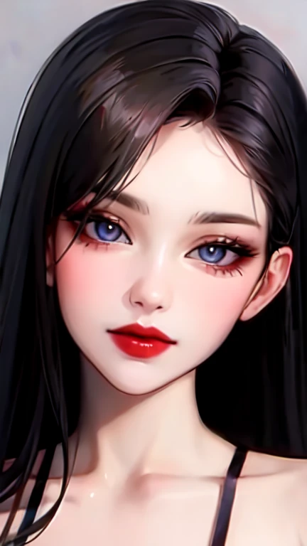 ((best quality)), ((masterpiece)), (detailed), visage parfait, yeux gris, Long Dark Hair, frange, red lips. 