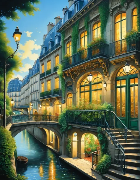 A poetic picture of Paris, France with the 1960s romantic style in the end of Summer where leaves begin to fall, oil on canvas painting, photo realistic, insanely detailed and intricate city scene, volumetric lighting, with a couple sitting by the Seine ri...