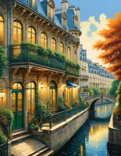 A poetic picture of Paris, France with the 1960s romantic style in the end of Summer where leaves begin to fall, oil on canvas painting, photo realistic, insanely detailed and intricate city scene, volumetric lighting, with a couple sitting by the Seine ri...