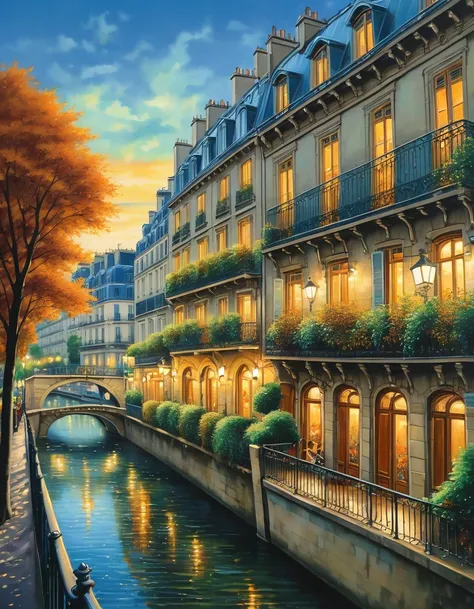 A poetic picture of Paris, France with the 1960s romantic style in the end of Summer where leaves begin to fall, oil on canvas painting, photo realistic, insanely detailed and intricate city scene, volumetric lighting, with a couple sitting by the Seine ri...