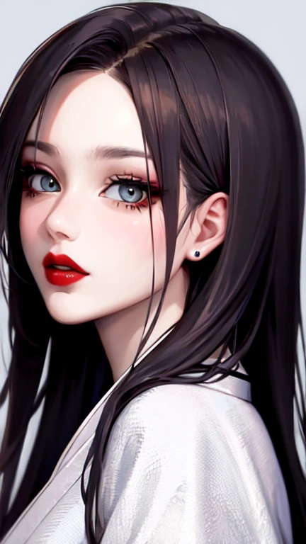 ((best quality)), ((masterpiece)), (detailed), visage parfait, yeux gris, Long Dark Hair, frange, red lips. Hairbangs, septum piercing. Kimono