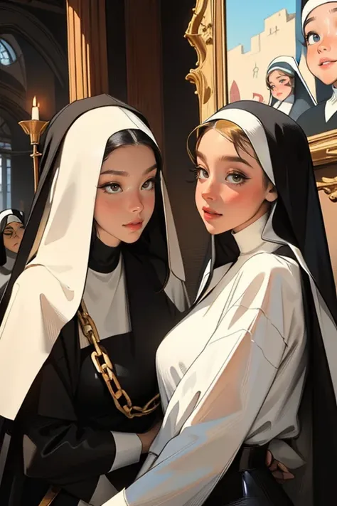 masterpiece, dynamic shot, ((3 females)), a picture of 2 beautiful succubus girls and 1 sexy nun on a leash, ((2 demon girls and...