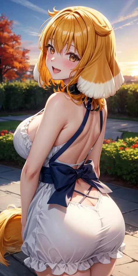 masterpiece, best quality, roxanne, dog ears, fluffy dog ears, collar, sundress, looking at viewer, garden, autumn, sunset, large breasts, ass, smile edgYSD, woman wearing a sundress, very voluminous very fluffy very long dog tail, dog tail starts immediat...