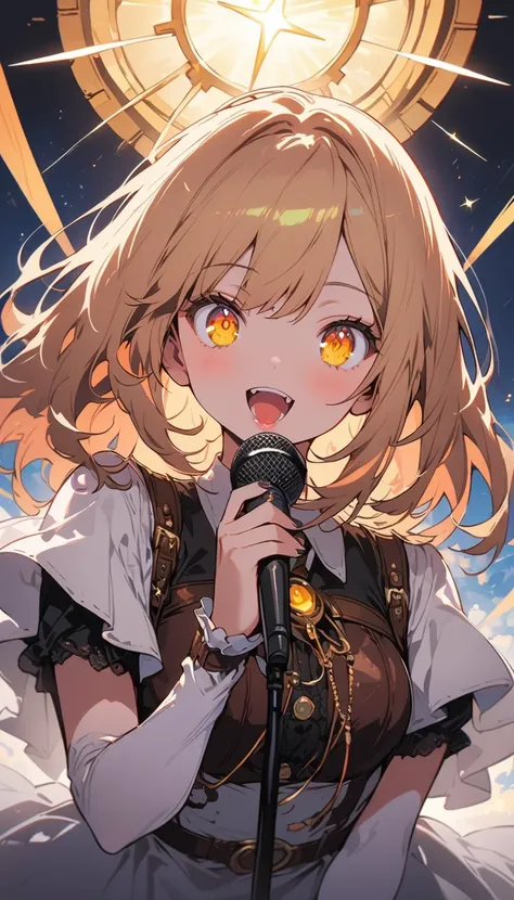 1 girl、star, sing, Perfect Face, Beautiful proportions, Move the microphone closer to your mouth,Beautiful Night、 steampunk、floating, (High saturation), snap shot, (highest quality、masterpiece、High resolution、detailed)、animeスタイル、Flat Style、(Shining Eyes、de...