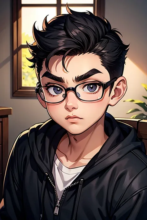 A boy with big eyes and glasses with thick eyebrows and big eyes
