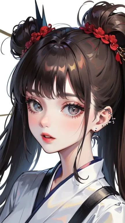 ((best quality)), ((masterpiece)), (detailed), visage parfait, yeux gris, Long Dark Hair, frange, red lips. Hairbangs, septum piercing. Kimono