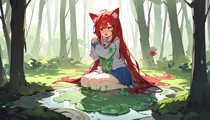 cute girl, melted mucus, sticky liquid, green puddle, cute girl, woman with long hair, moving mucus, cat ears, in the forest,red...