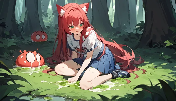 cute girl, melted mucus, sticky liquid, green puddle, cute girl, woman with long hair, moving mucus, cat ears, in the forest,red...