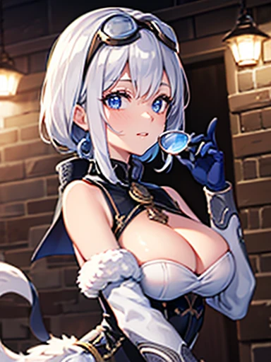 ((Very detailed)), 4K, ((Cinema Lighting)), close, Fantasy World, Cobblestone city, wooden stone house, snow, market, marketの屋台, Adult female, dirty, guard,White-silver hair color，Wear goggles with large round lenses on your head, blue eyes, ((Beautiful Ey...