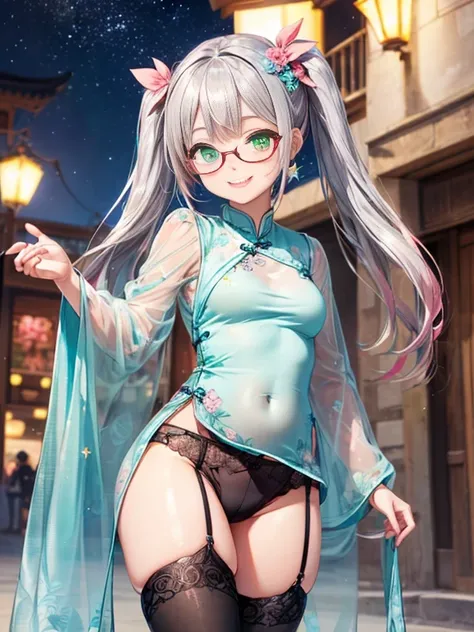 小さなgirl、Small breasts、The arrival of spring、Thick thighs、 (alone:1.5,)Very detailed,Bright colors, Very beautiful detailed anime faces and eyes, Look straight ahead, ;d, Shiny_skin,girl, ((Silver long hair,The inner color is red 、Forehead is exposed.、Green...