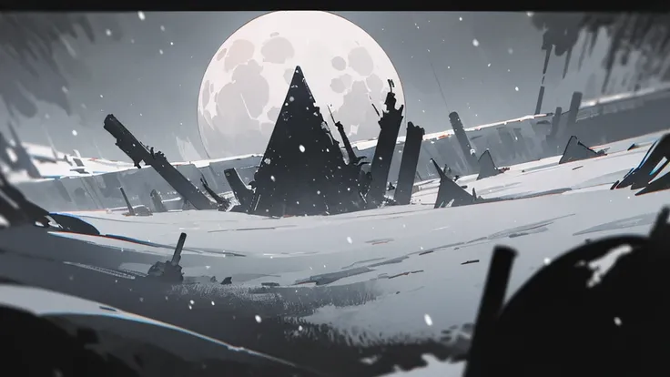 (masterpiece、highest quality)、Warm lighting、 Blurred foreground、Deep in the night、High Contrast,it&#39;s snowing,curse,Black night,full moon,universe,planet,Moon and Earth,Ruined World