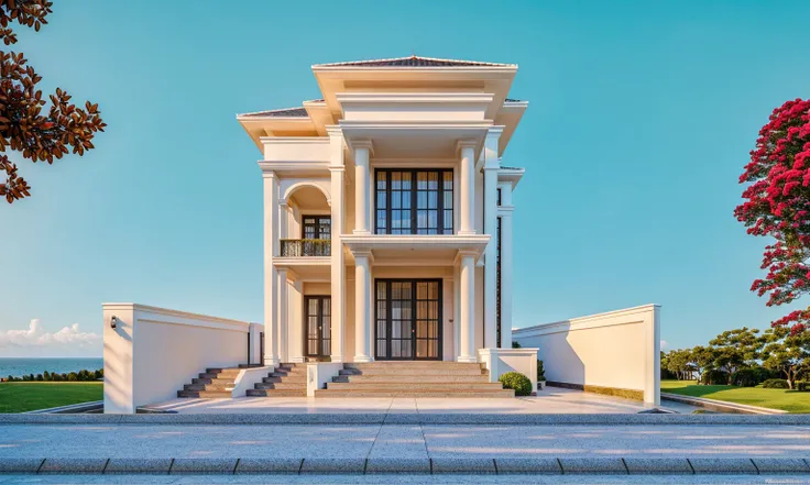 1 neoclassical style house, the town house is made from white walls, beautyful light, beautyfulday, sunny, many red bougainville...