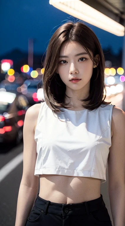 ((realistic light, Highest quality, 8k, Masterpiece: 1.3)), Clear focus: 1.2, 1 woman, perfect body beauty: 1.4, Slim stomach: 1.1, ((dark brown hair, big: 1.3)), (speed: 1.4), (outdoor, at night: 1.1), road, Ultra-slender face, good eyes, Double eyelids, ...