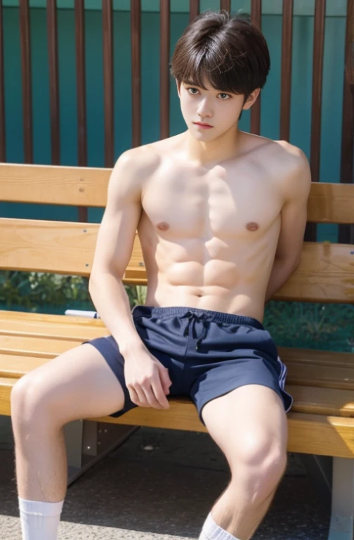 Beautiful boy、Shirtless Boy、White socks、Shorts、Sunny City、Sit on a bench、Cute Boys、20-year-old、japanese boy