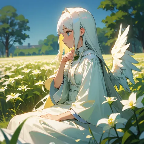 (masterpiece、highest quality)、Angel girl with long white hair sitting in a green flower field、White ruffle dress、Respect、Place your hand under your chin、Warm lighting、White clothes、Blurred foreground、Angelic、Look up at the sky、profile、From the side