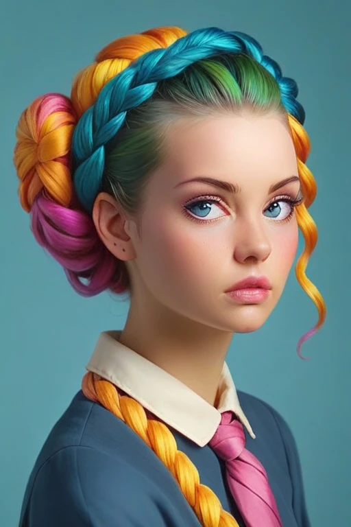 Hyperrealistisches Foto einer stolzen, beautiful woman with tied hair and colorful hair, farbverschmutzter Blaumann, Lilly von Cremont